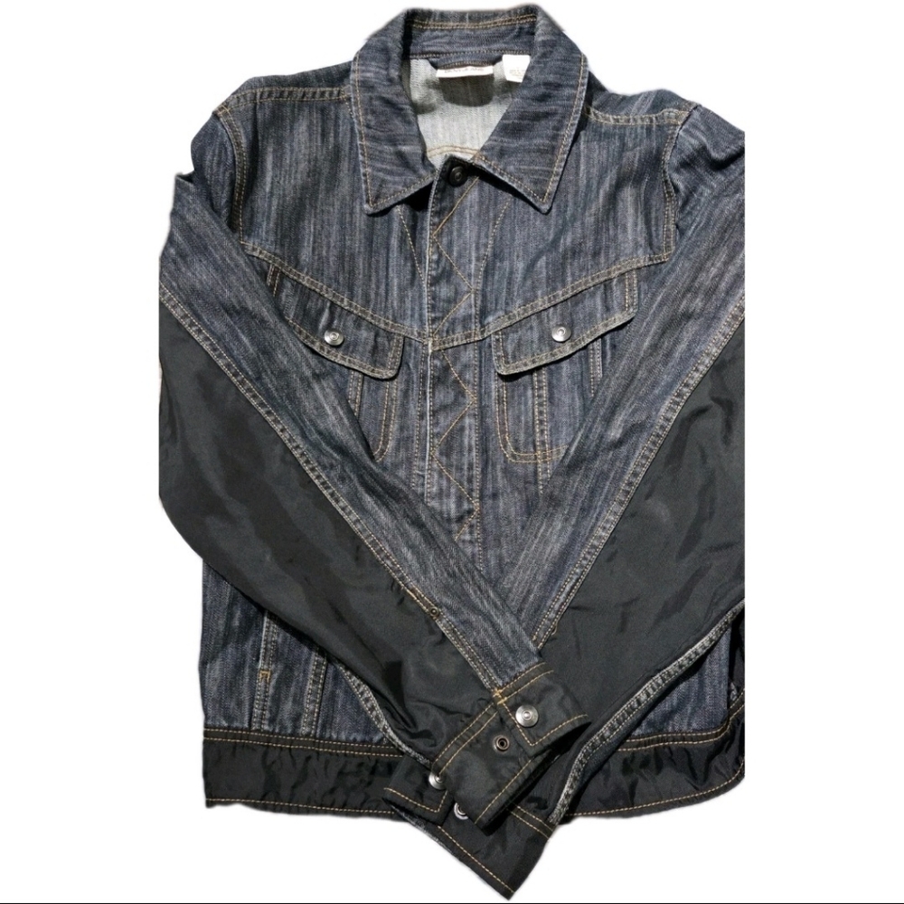 DKNY Jeans Mens Button Denim Jacket Size Medium W/ Nylon Panel Detail Dark Blue